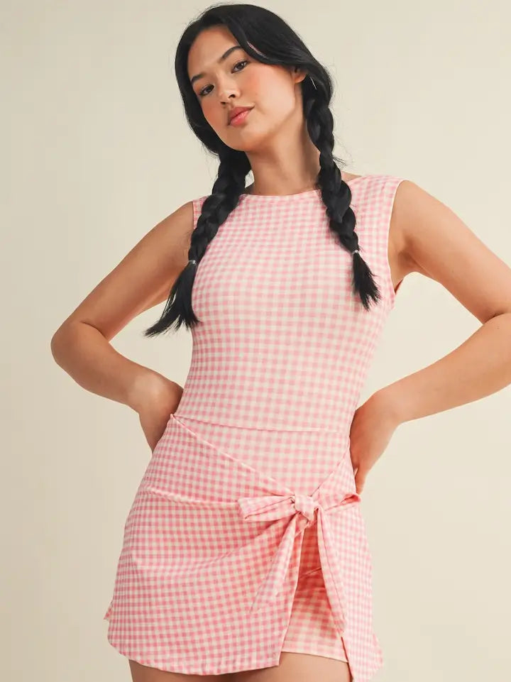 Gingham Print Sleeveless Wrap Tie Front Dress