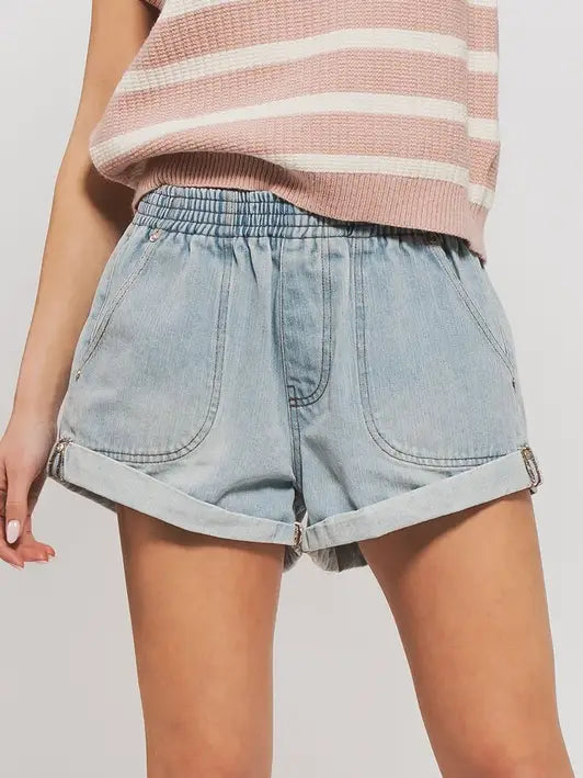 Spring Elastic Waist Cuffed Print Shorts