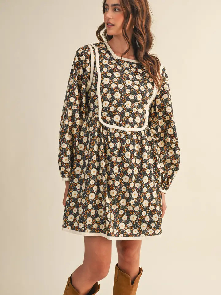 Quilted Floral Contrast Binding Mini Dress
