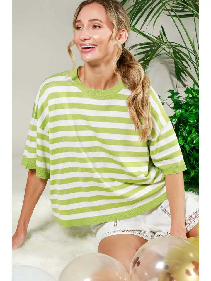 Crew Neck Short-Sleeve Striped Knitted Sweater Top