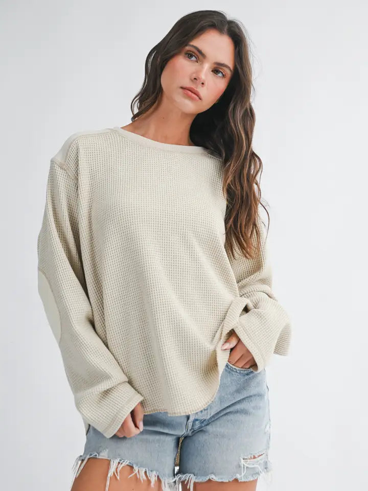 Waffle Knit Contrast Panel Long Sleeve Top