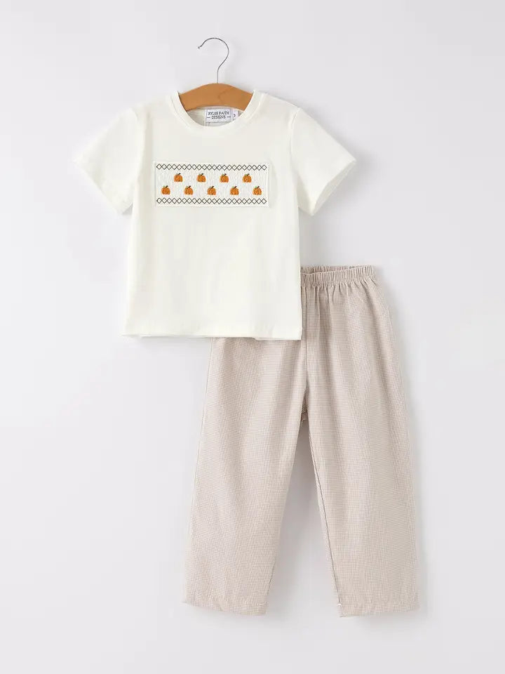 Halloween & Thanksgiving Pumpkin Smock Embroidered Plaid Boys Set