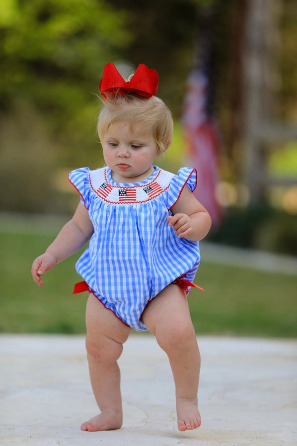 4th of July Flag Embroidery Smocking Girls Romper