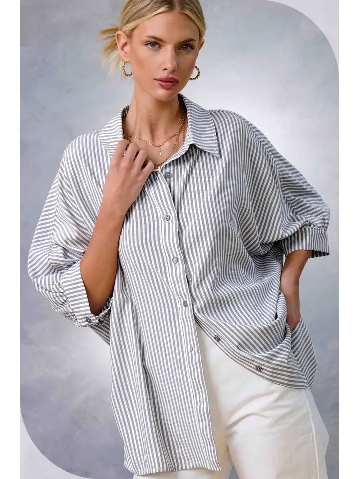 Relaxed Striped 3/4 Sleeve Button Down Shirt