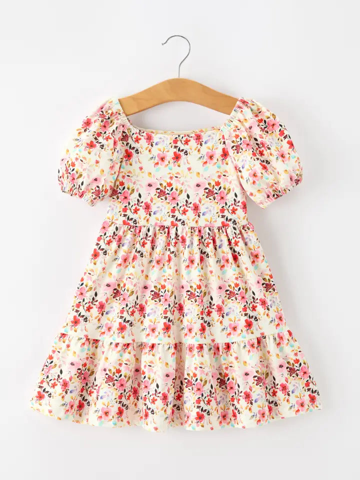 Vintage Floral Puff Sleeve Girls Dress