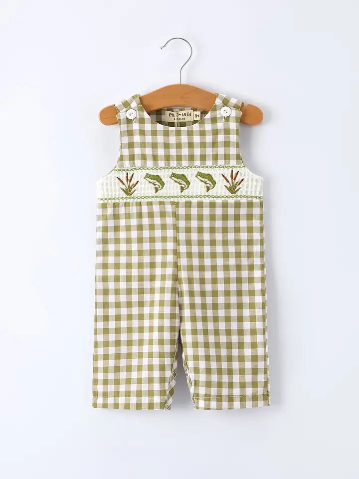 Green Plaid Fish Embroidered Smocked Baby Boy Romper
