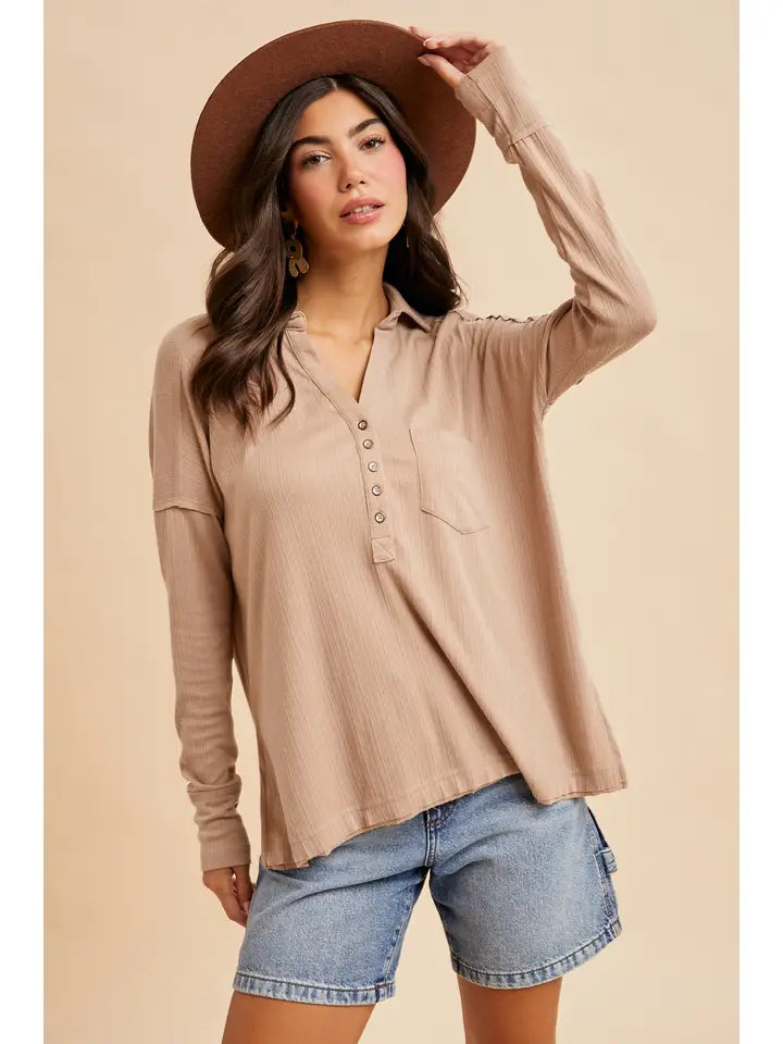 Ribbed Long Sleeve Henley Top