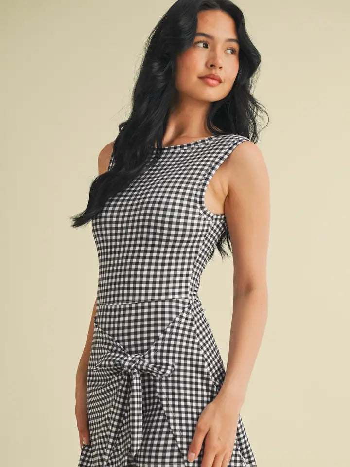Gingham Print Sleeveless Wrap Tie Front Dress