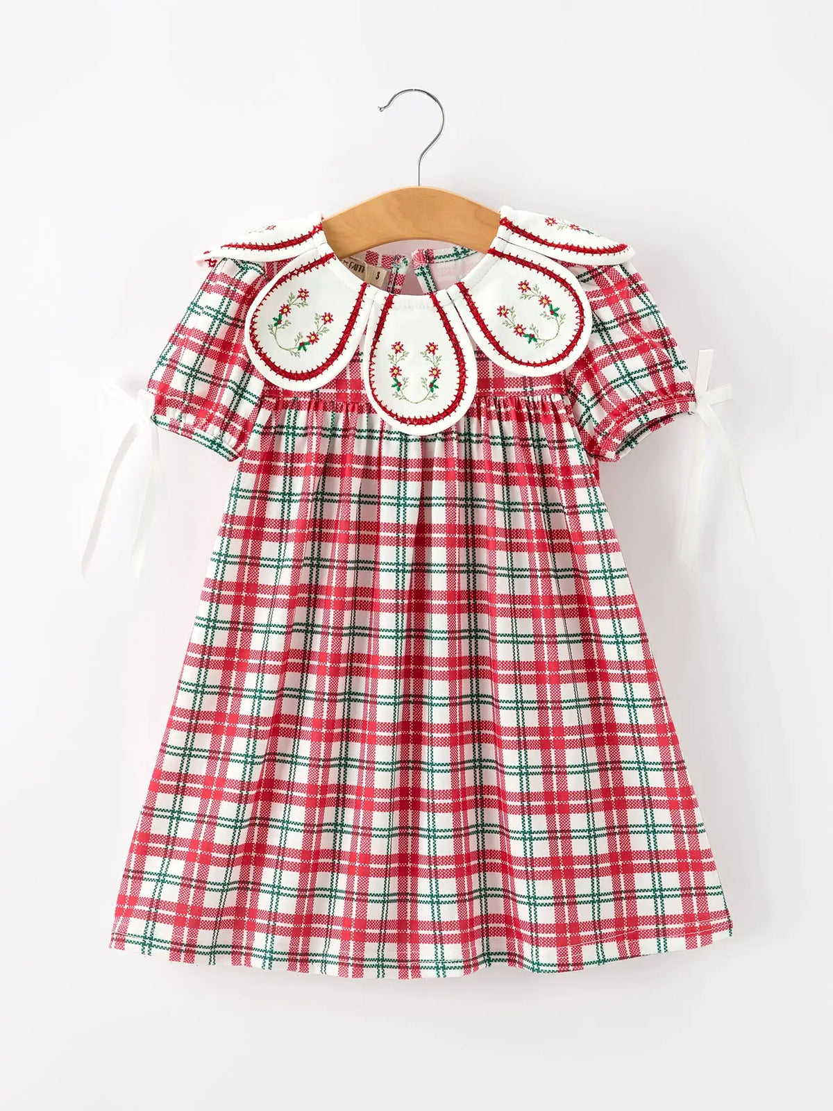 Christmas Plaid Wreath Embroidered Girl Dress