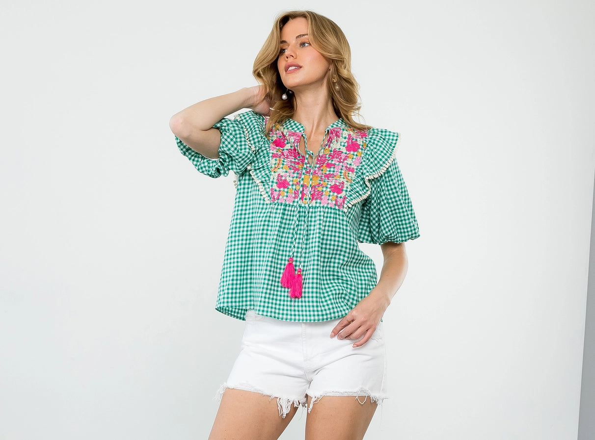 Puff Sleeve Embroidered Gingham Top