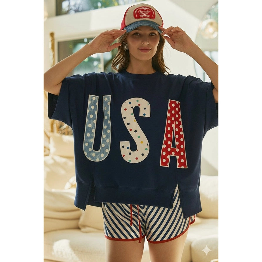 4th of July Polka Dot Usa Lettered Patch Work Top