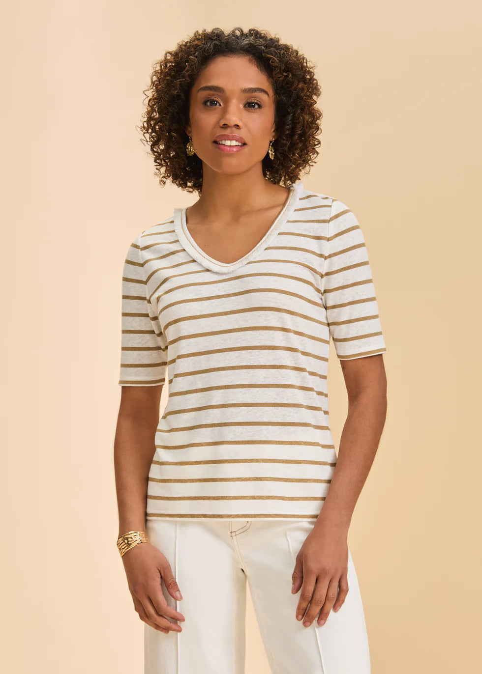 Elbow Sleeve Fringed Neck Top