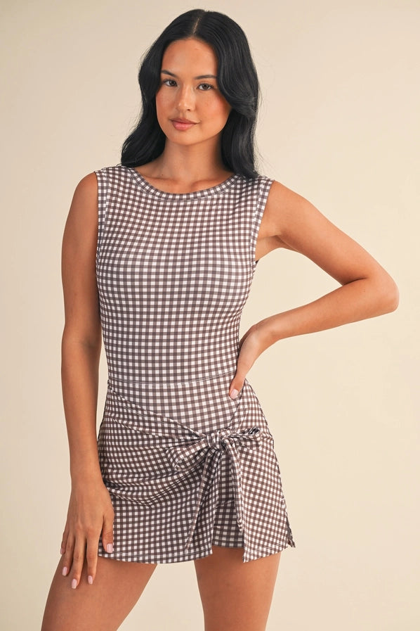 Gingham Print Sleeveless Wrap Tie Front Dress