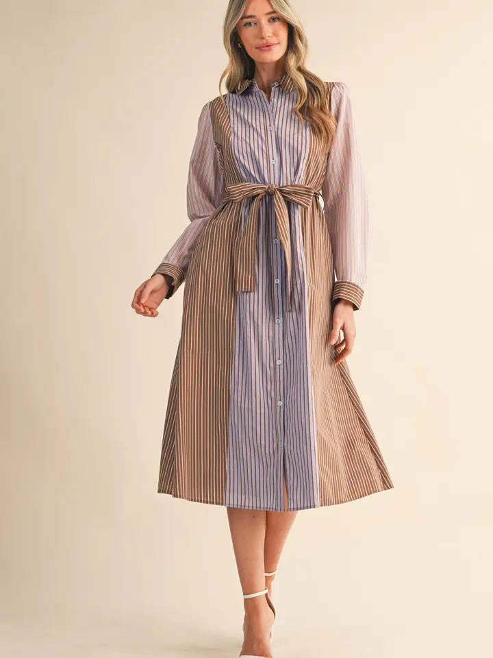 Mixed Stripe Belted Button Down Midi Dress