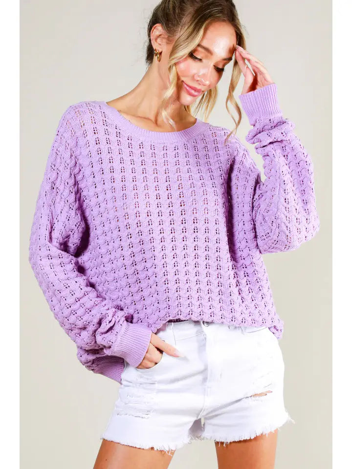 Crew Neck 100%Cotton Textured Crochet Knit Sweater
