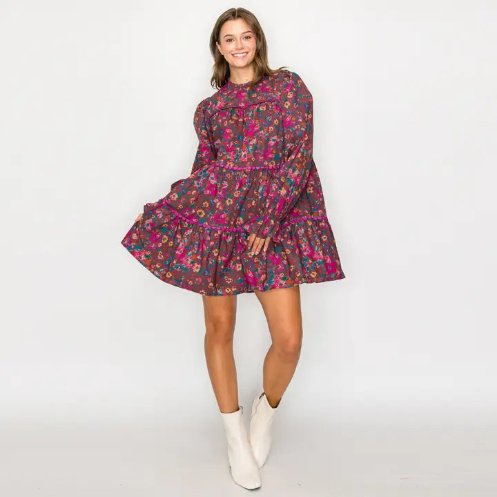 Full Bloom Wild Flower Print Cotton Mini Dress
