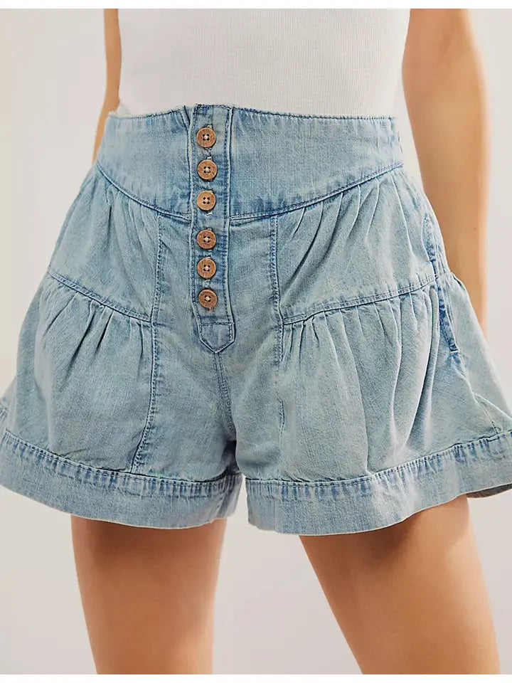 Ladies Solid Color Cotton Denim Shorts