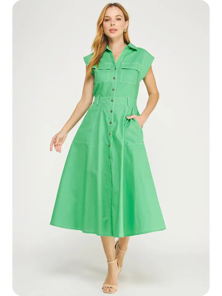 Top-Stitch Sleeveless Linen Midi Dress