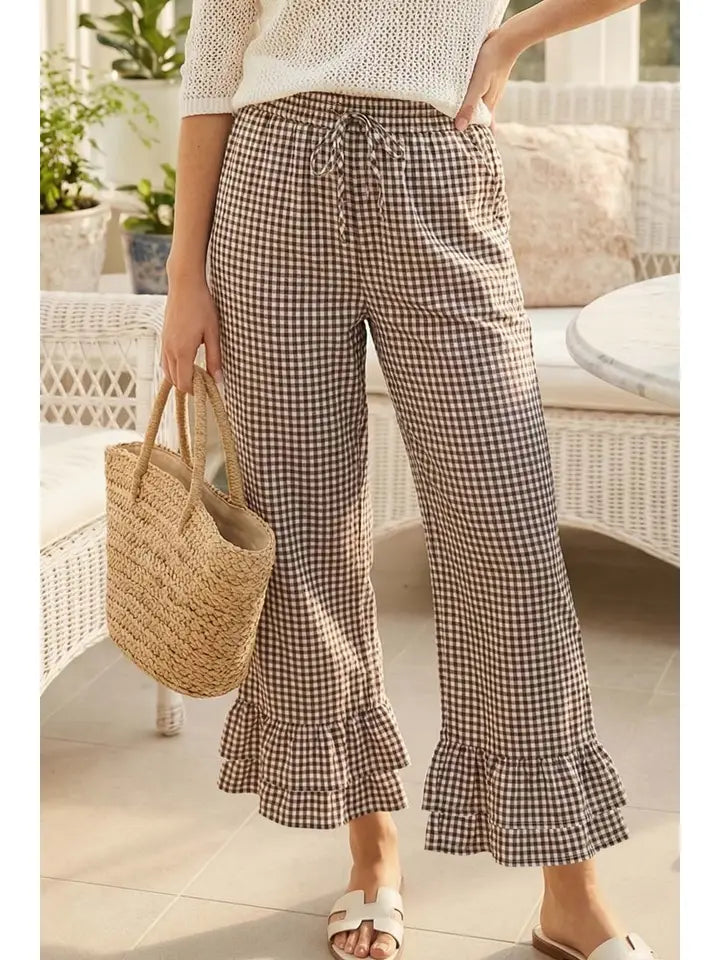 Gingham Casual Ruffled Cotton Cropped Pants