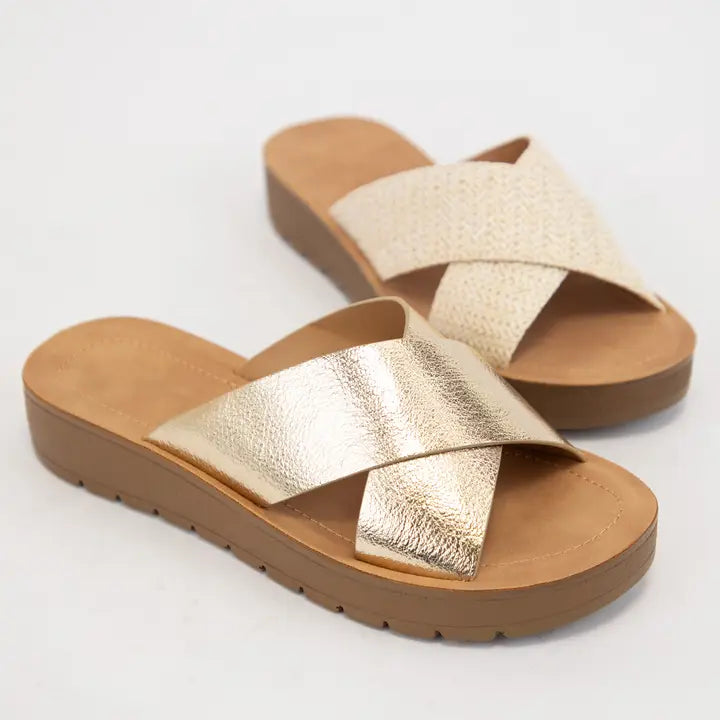 Lucy Light-Weight Wedge Platform Cross Strap Slide Sandal