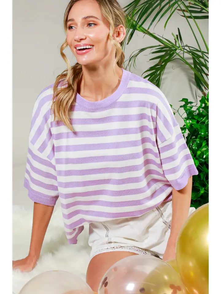 Crew Neck Short-Sleeve Striped Knitted Sweater Top