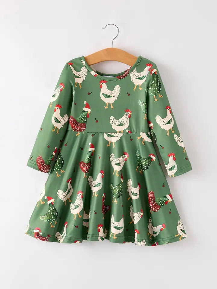 Christmas Farm Chicken Print Dress – Green, Long Sleeve