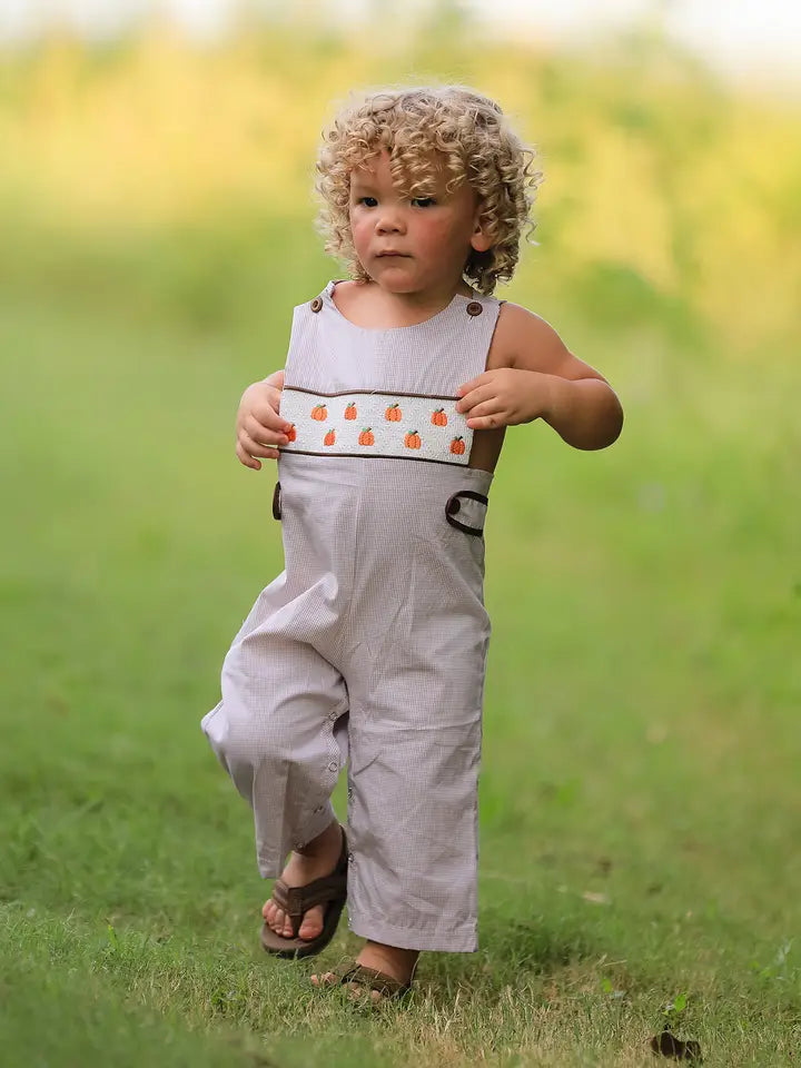 Halloween & Thanksgiving Pumpkin Smock Embroidered Boys Romper