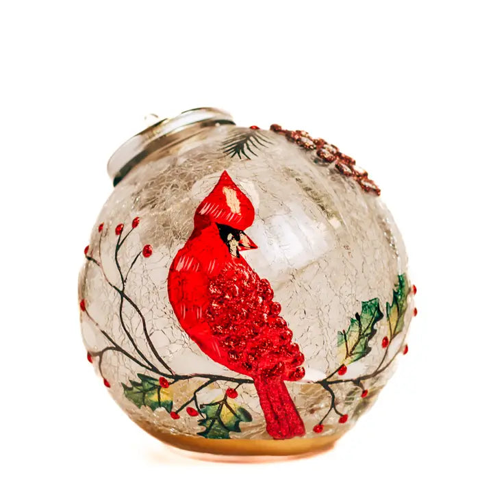 Winter Cardinal Ornament Crackle Glass Led Holiday Lights