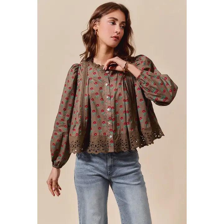 Floral Long Sleeve Lace Trim Button Down Top
