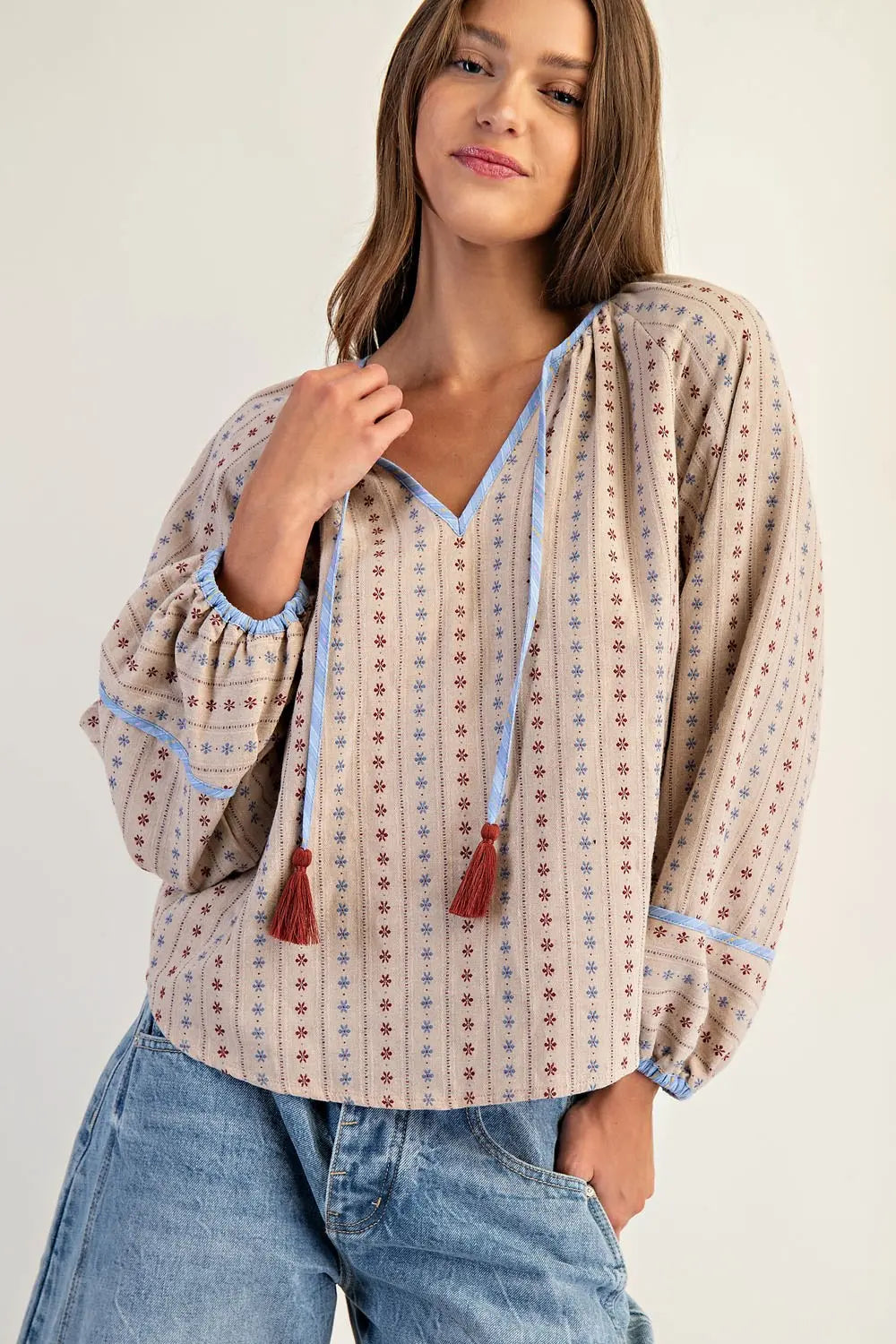 Floral Striped Contrast Trim Long Sleeve Top