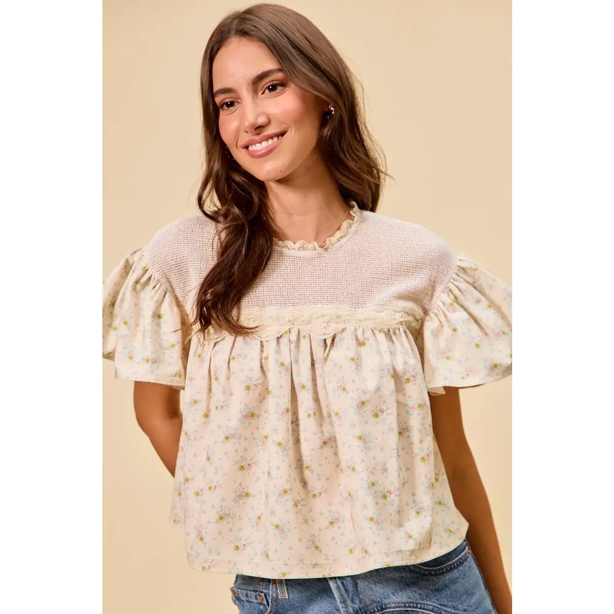 Floral Cotton Woven Print Ruffled Blouse Top