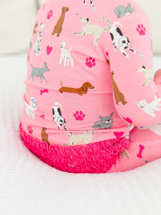 RuffleButts - Softsnooze™ Baby Girls Bamboo Viscose Pink Puppy Playtime Footed Ruffle One Piece Pajama