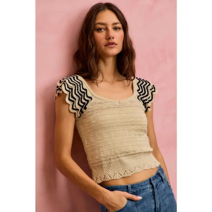 Wavy Textured Knit Top with Fluttered Sleeves