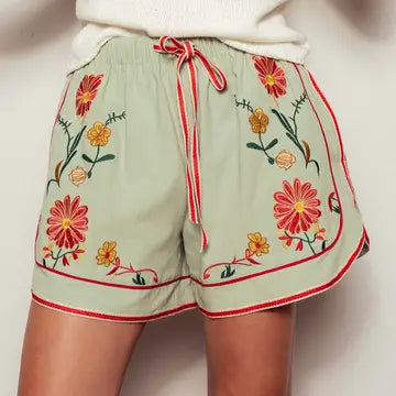 Embroidered Floral Drawstring Shorts