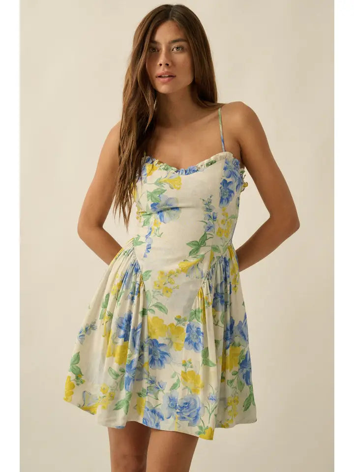 Floral-Print Ruffled Sweetheart Drop-Waist Mini Dress