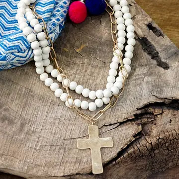 Multi Strand Wood Beads Short Statement Cross Necklace