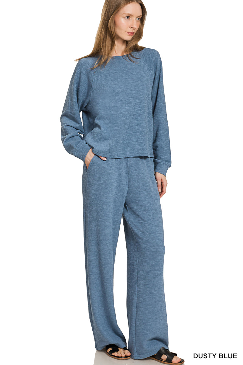 Slub long sleeve top & pants 2pcs set