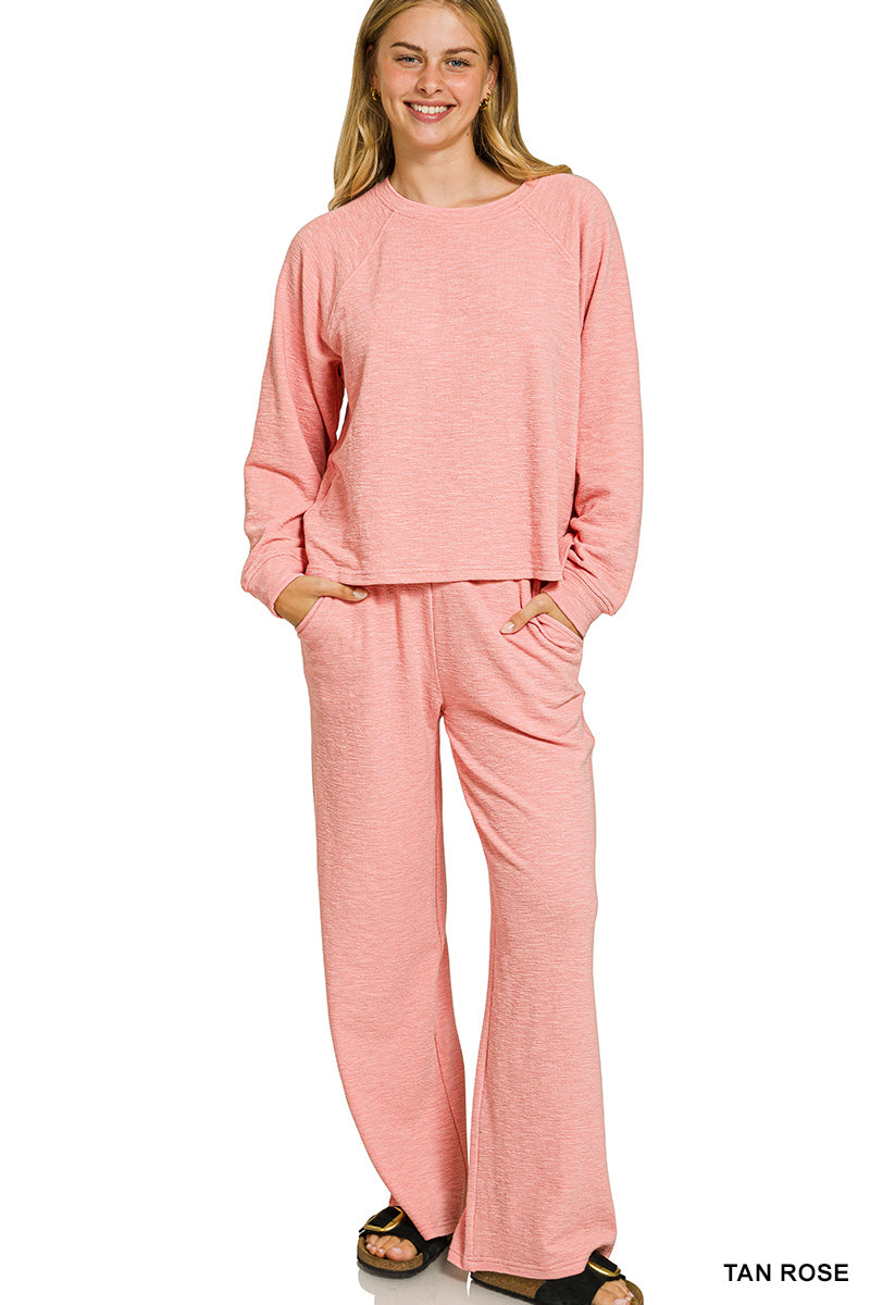 Slub long sleeve top & pants 2pcs set