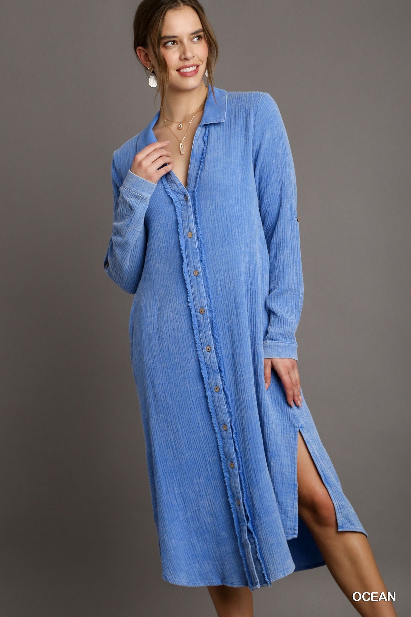 Mineral Wash Button Down Midi Dress Shirt
