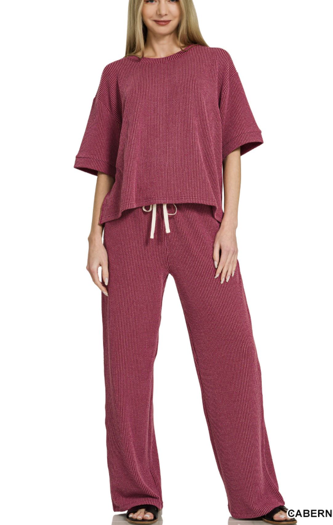 Raised rib short sleeve tee & pants set - ZENANA RTLRPL-8608Y