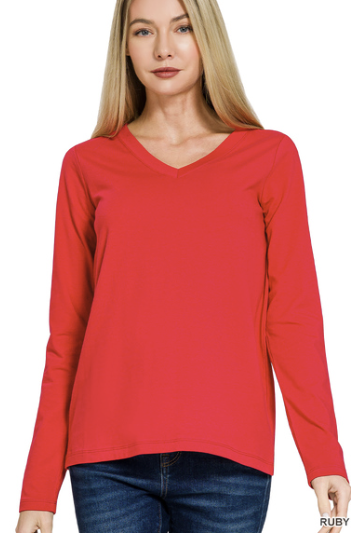 Cotton V-neck long sleeve t-shirt - ZENANA GT-1056M8