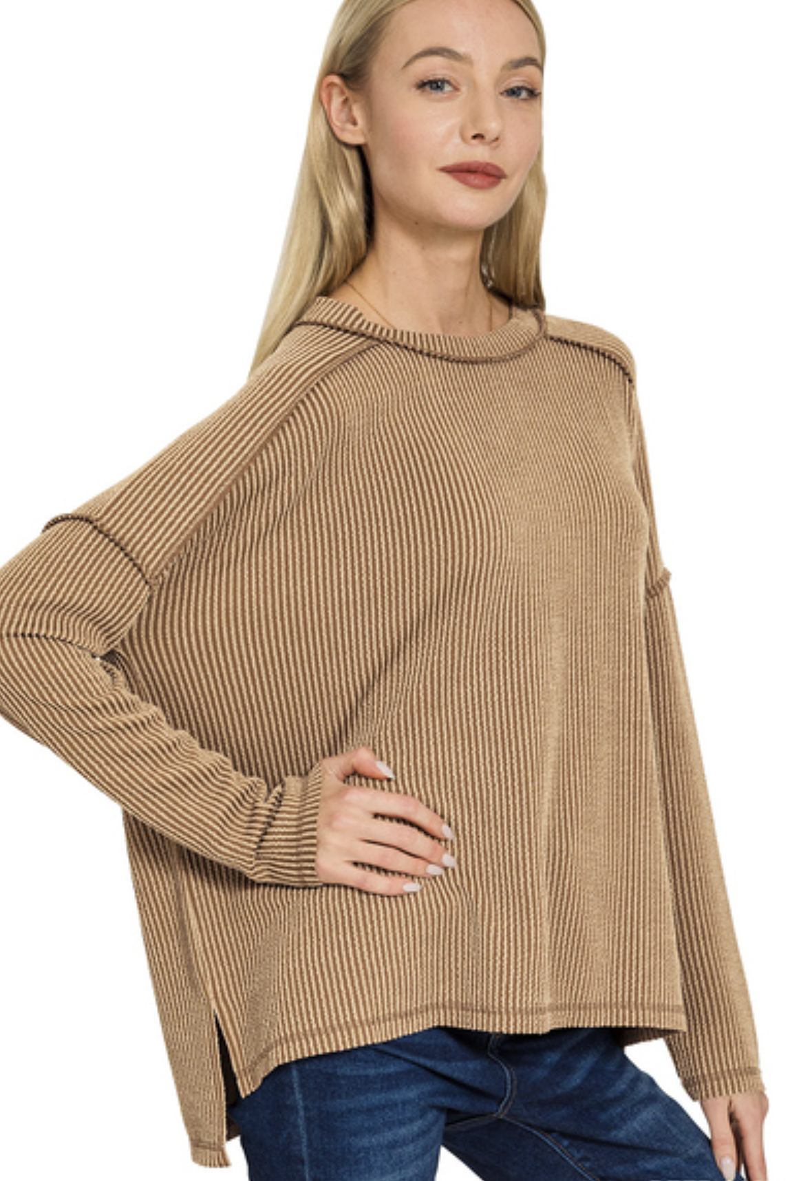 Raised rib raw edge boat neck long sleeve top - ZENANA RTL-8452A5