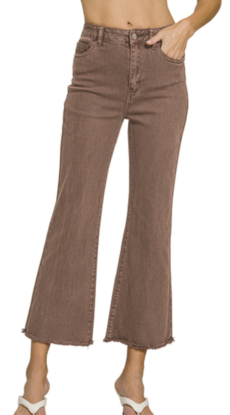 Acid washed high waist frayed hem bootcut pants - DMP-1847A