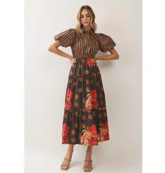 Mixed Print Puff Sleeve Tiered Midi Dress