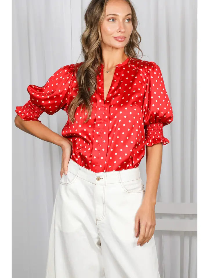 V-Neck Short Puff Sleeves Dot Print Satin Blouse