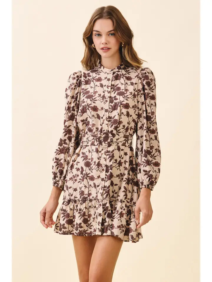 Floral Print High Neck Removable Buckle Belt Dress