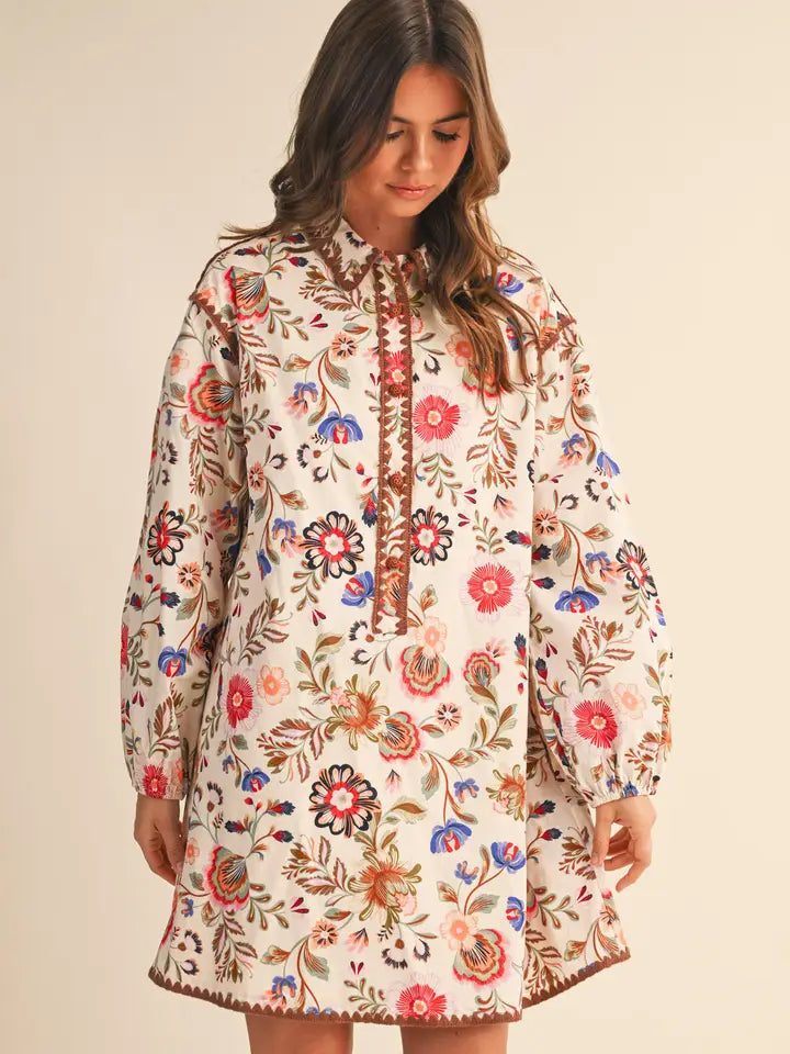 Exclusive Print Blanket Stitch Buttoned Mini Dress