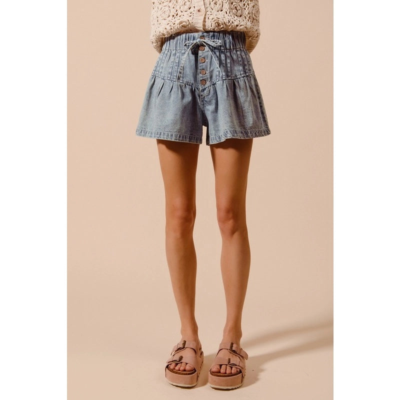 Flared Denim Shorts with Elasticized Waist