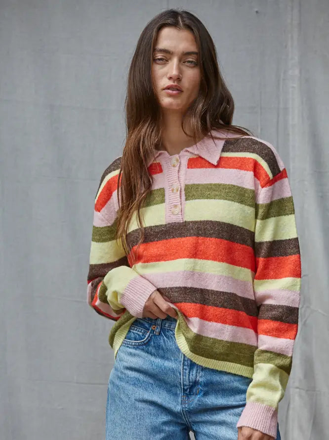 Knit Sweater Multi Color Striped Half Button Up