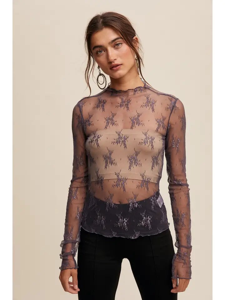 Sheer Lace Long-Sleeve Top